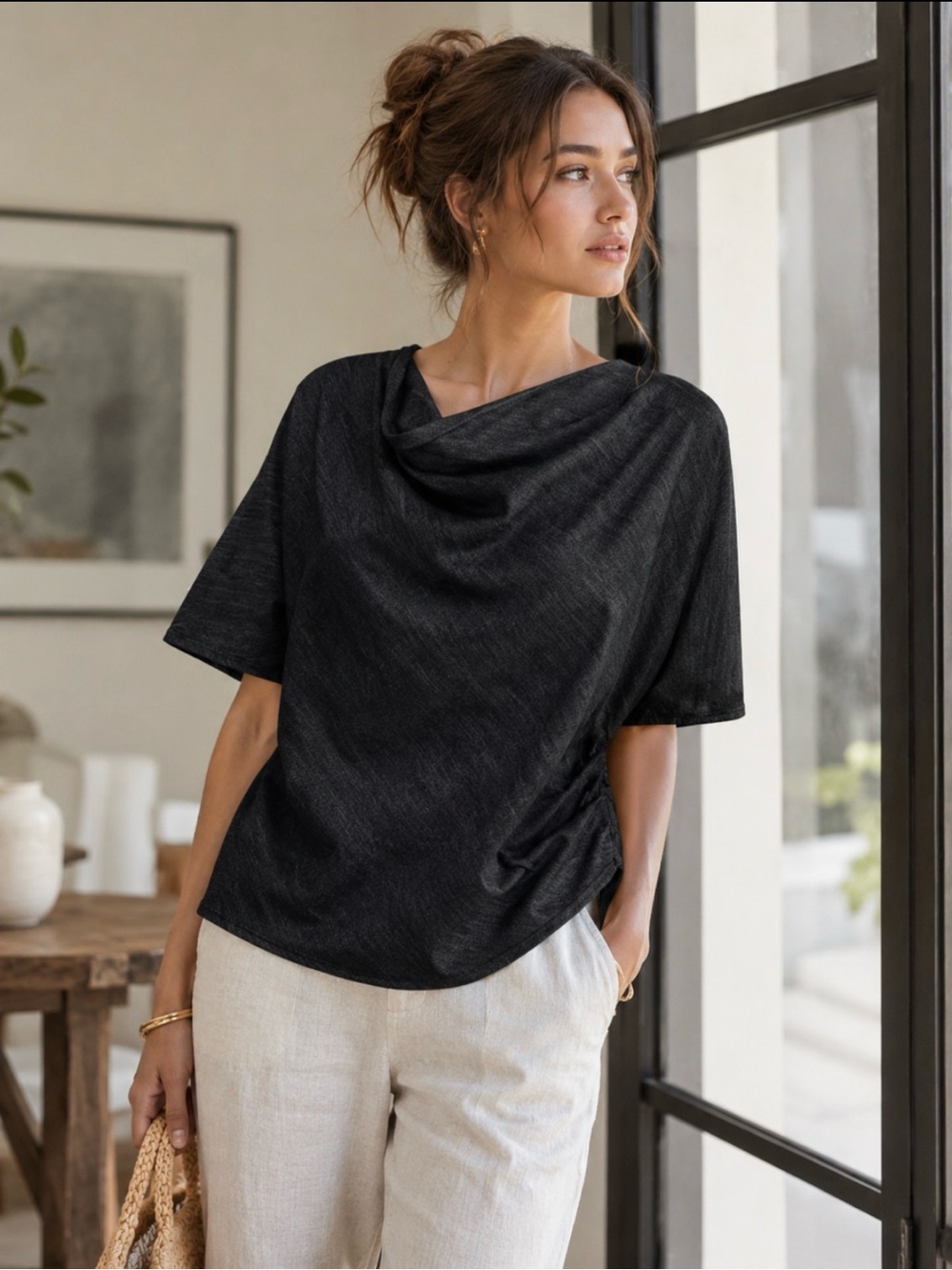 Zara ZW Collection Denim Drape Neckline Short Sleeve Top NWT Size Medium